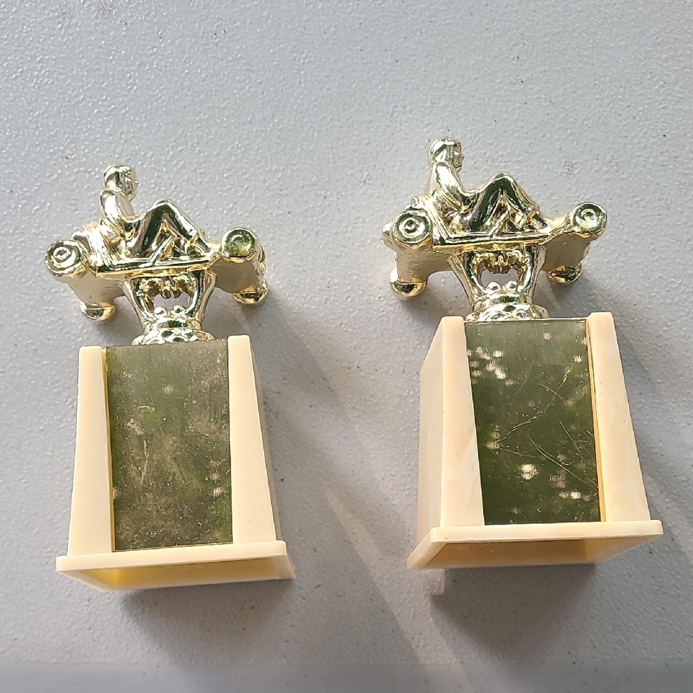Vintage Gold Cream Go Kart Trophies Two Awards Blank Front Plates